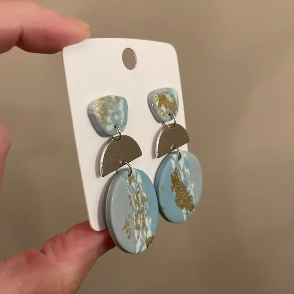 Soft Pottery Material Blue Marbled With Gold Foil Accent Geometric Drop Earrings